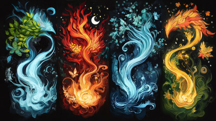 Include representations of the four elements associated with the zodiac signs--Fire,Earth, Air, and Water. Show how these elements correspond to the different signs and influence their characteristics