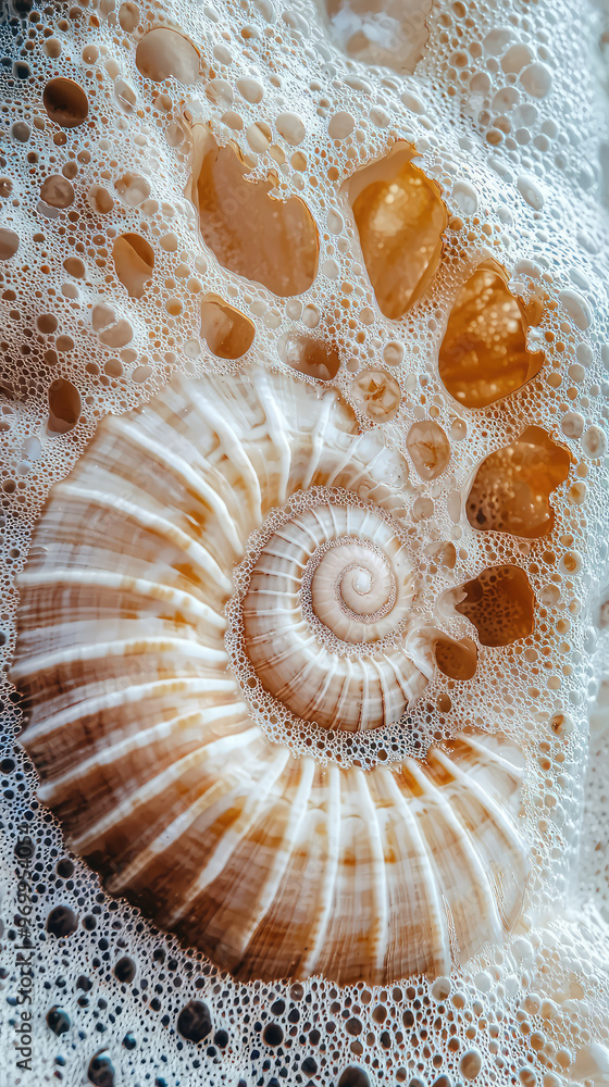 Poster a close up of seashell with intricate patterns surrounded by bubbles, showcasing natures beauty