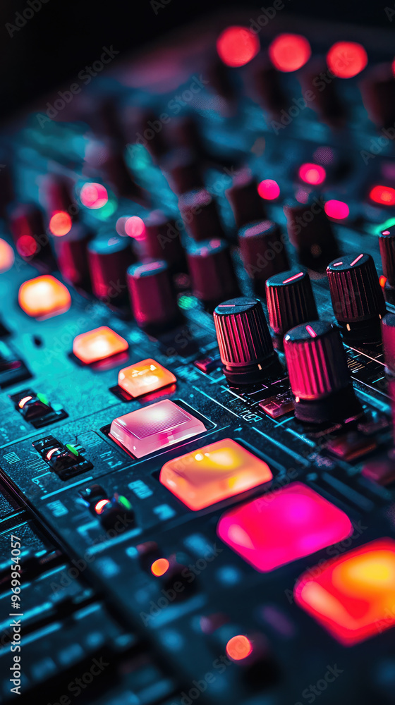 Poster a close up of sound mixer with colorful knobs and sliders, creating vibrant atmosphere