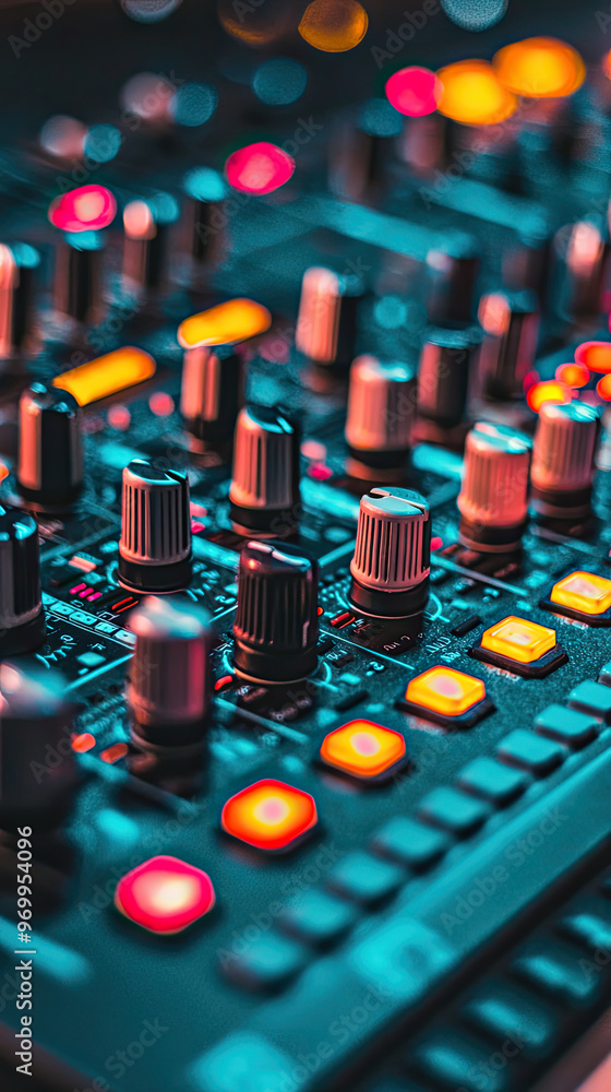 Poster A close up of sound mixer showcasing colorful knobs and buttons, creating vibrant atmosphere