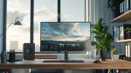 Fototapeta premium Modern workspace featuring a sleek monitor, stylish decor, and a view of clouds through large windows, perfect for productivity.