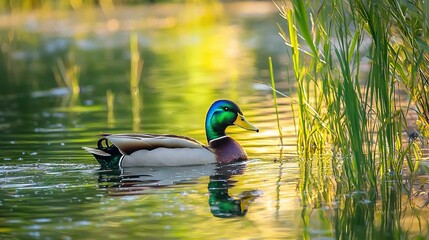 Obraz premium A duck bobbing atop a placid lake's surface, surrounded by verdant grassy banks