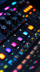 A close up of sound mixer with colorful knobs and sliders, showcasing vibrant controls