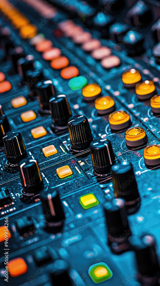 Poster a close up of sound mixer with colorful knobs and sliders, showcasing vibrant controls