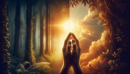 Sunlight streams through a serene forest, illuminating hands in a gesture of contemplation and spirituality.