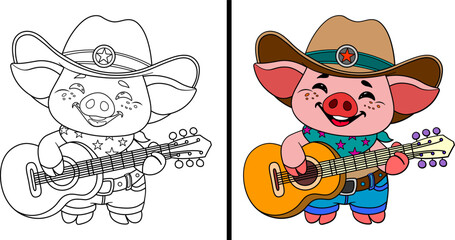 Cute pig. Pig with a guitar, wearing a cowboy hat. Coloring page.Vector illustration.