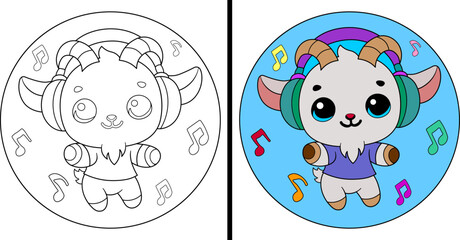 Cute goat. Goat wearing headphones. Coloring page. Vector illustration.
