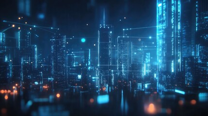 Fototapeta premium Futuristic Cityscape with Blue Glowing Lines.