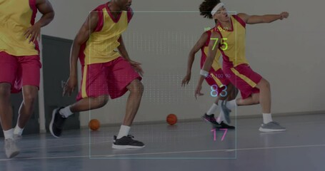 Animation of digital data processing over diverse basketball players on court - Powered by Adobe