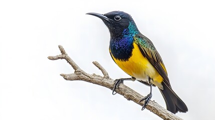 Fototapeta premium Regal Sunbird Perched on a Branch on a White Background, Realistic Photo, Wallpaper, Cover and Screen for Smartphone, PC, Laptop, 9:16 and 16:9 Format