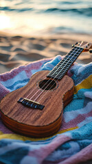 A ukulele resting on beach towel, evoking relaxed summer vibe