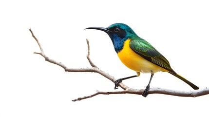 Fototapeta premium Regal Sunbird Perched on a Branch on a White Background, Realistic Photo, Wallpaper, Cover and Screen for Smartphone, PC, Laptop, 9:16 and 16:9 Format