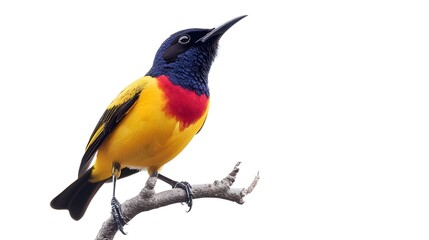 Fototapeta premium Regal Sunbird Perched on a Branch on a White Background, Realistic Photo, Wallpaper, Cover and Screen for Smartphone, PC, Laptop, 9:16 and 16:9 Format