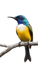 Obraz premium Regal Sunbird Perched on a Branch on a White Background, Realistic Photo, Wallpaper, Cover and Screen for Smartphone, PC, Laptop, 9:16 and 16:9 Format