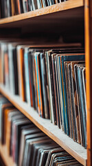 A close up of vinyl record collection on shelf, showcasing vibrant covers and textures