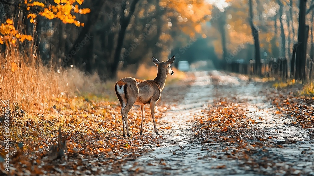 Poster   A deer stands in the center of a forest path, surrounded by towering trees adorned with autumn foliage The ground is carpeted with a layer of fallen leaves that rustle