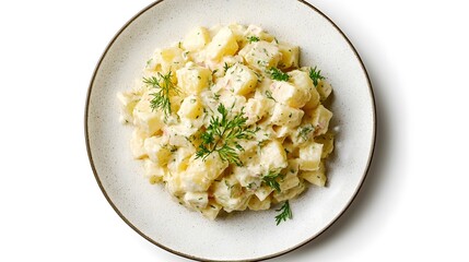 Creamy potato salad garnished with fresh dill on a plate