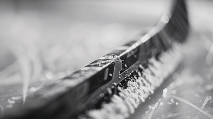 Black and white macro shot of hockey stick blades laid on a dirty arena floor, with a shallow depth of field.