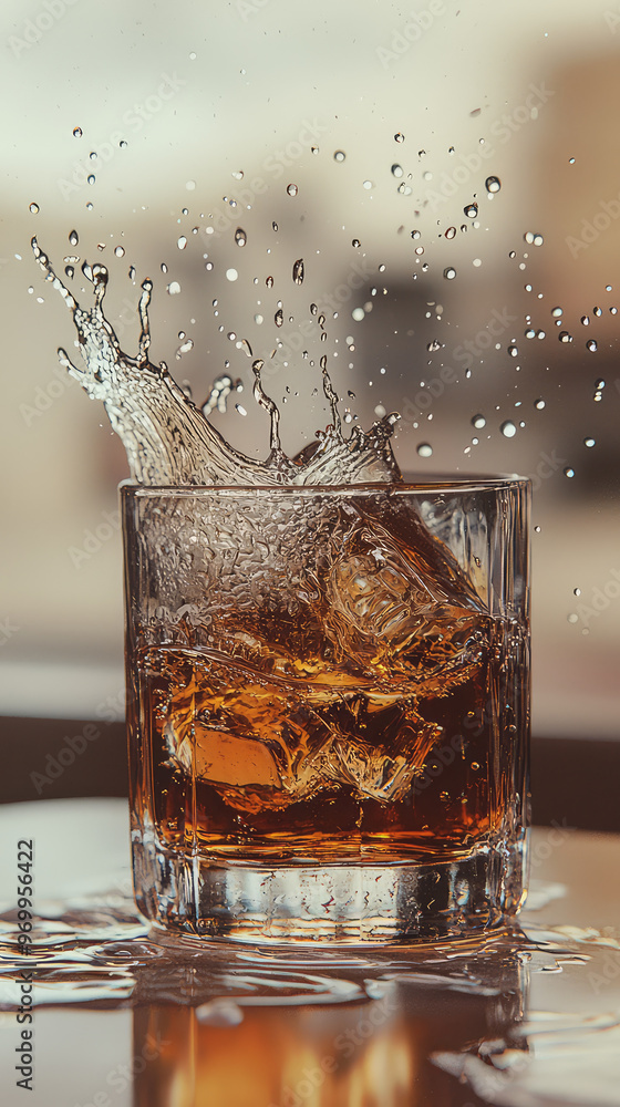 Poster A close up of whiskey glass with ice and splash, creating refreshing scene