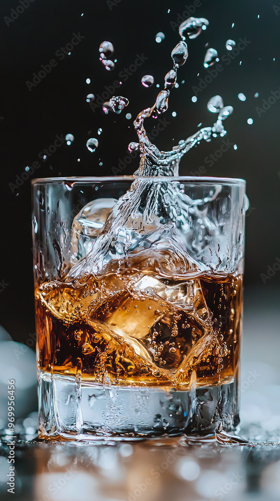 Poster a close up of whiskey glass with ice and splash, creating refreshing scene