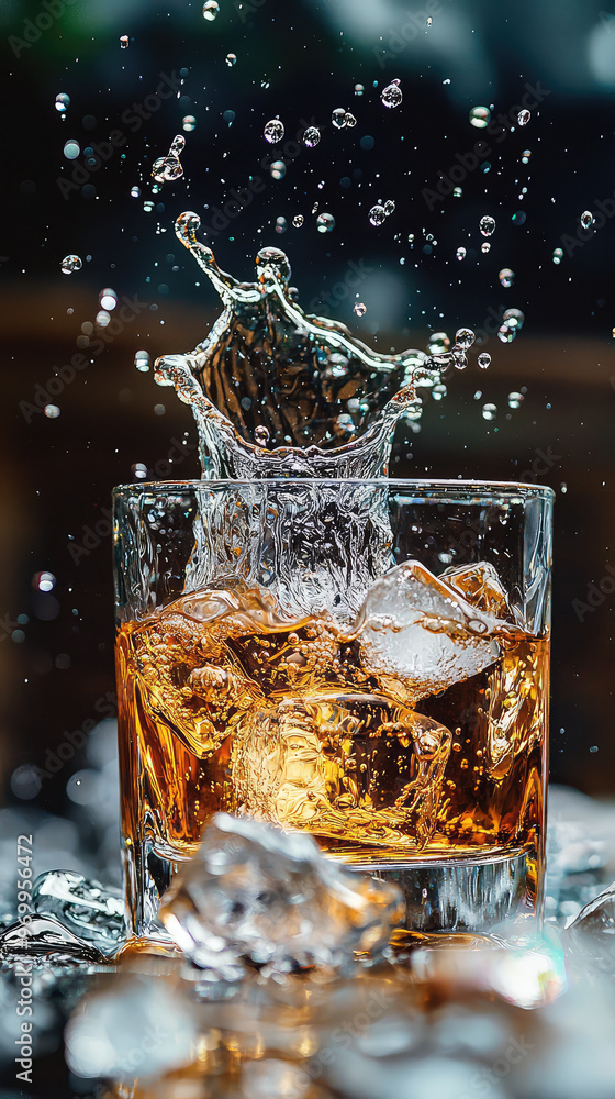 Poster a close up of whiskey glass with ice and splash, creating refreshing scene