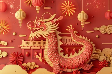 Obraz premium Vibrant paper art depicting a majestic dragon, adorned with lanterns and festive decorations, celebrating Chinese culture and tradition.