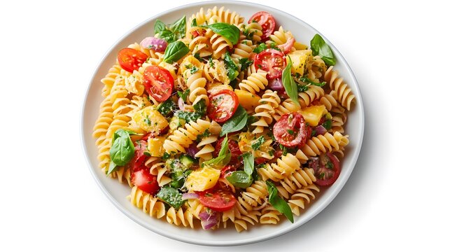 Fresh rotini pasta salad with cherry tomatoes and basil