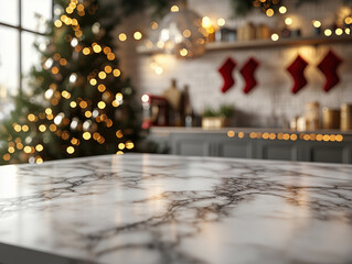 The kitchen features a polished marble countertop with warm Christmas lights twinkling in the background. Stockings hang on the wall, creating a cozy holiday atmosphere