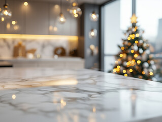 The elegant marble countertop in the kitchen reflects warm light, while a charming Christmas tree with sparkling lights adds a festive touch to the modern space