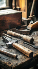 Ancient tools used for craftsmanship displayed on wooden table