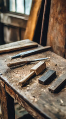 Ancient tools used for craftsmanship on wooden table, showcasing their rustic charm