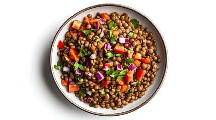 Fresh lentil salad with tomato, red onion, and herbs on a white background