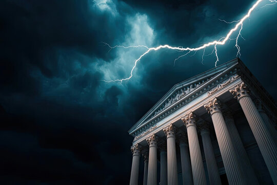 A visual representation of a courthouse under stormy skies, with lightning bolts, symbolizing the turmoil and unpredictability of a legal crisis