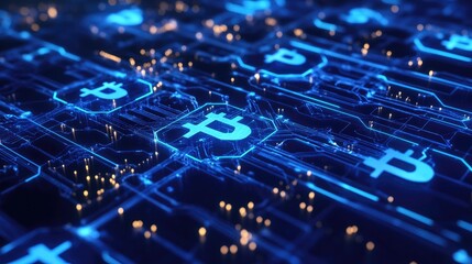 Bitcoin Cryptocurrency Symbol on Circuit Board.