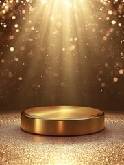 The podium shines brightly under glowing lights, surrounded by swirling golden particles that add a magical touch, ideal for a celebration or award ceremony