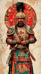 Obraz premium A colorful depiction of an ancient warrior in traditional armor, showcasing intricate designs and vibrant colors