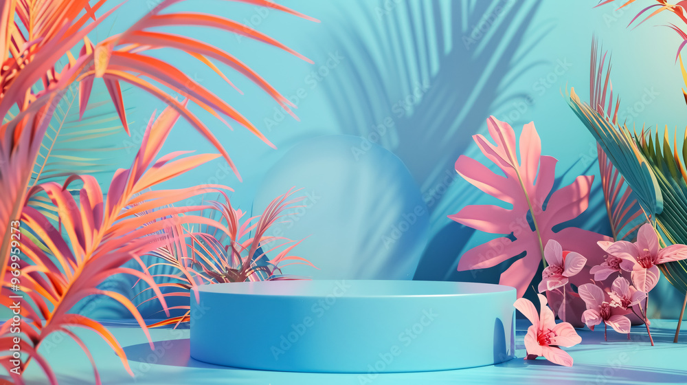 Poster blank blue display against a vivid summer background with minimal style. 3d rendering stand for show