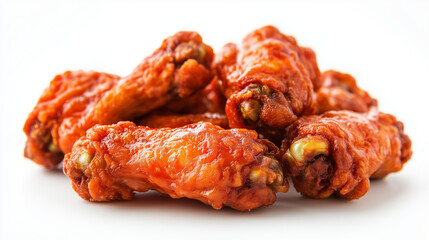 A plate of spicy buffalo chicken wings, coated in a rich, tangy sauce, placed against a white background, highlighting the appetizing texture of the crispy skin.