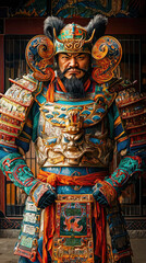 A colorful depiction of an ancient warrior in traditional armor, showcasing intricate details and vibrant colors