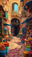 A vibrant marketplace filled with colorful fruits and goods, showcasing lively atmosphere