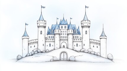 Obraz premium Majestic Engraving of a Grand Castle on Hilltop with Turrets and Banners