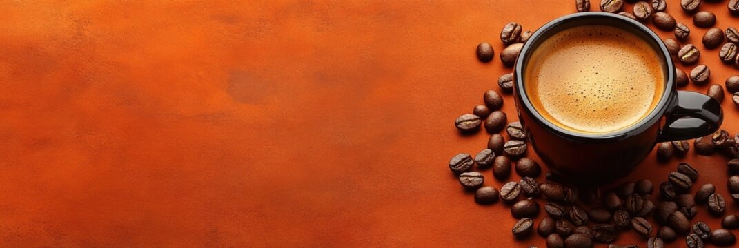 coffee celebration, a mug of fresh espresso surrounded by coffee beans, showcasing an international coffee day banner in warm hues, with space for additional text
