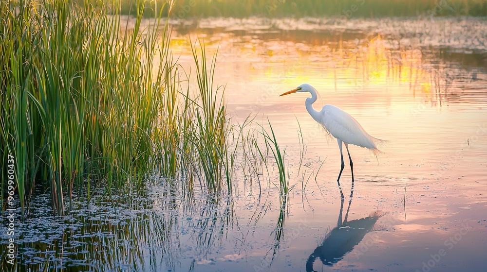 Wall mural   A white bird perched on water's edge beside a verdant field of towering blades of grass and reeds