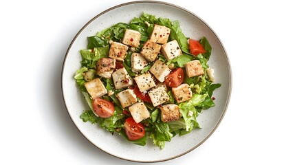 Fresh vibrant tofu salad with romaine lettuce and cherry tomatoes