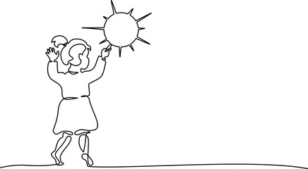 Small girl drawing sun on wall. Continuous One line drawing