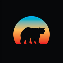 Silhouette of a bear against a striped retro sunset. Original vector illustration in vintage style isolated on light background. T-shirt design.