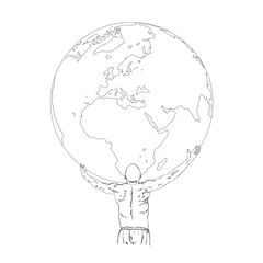 hand drawn vector illustration of a man holding the earth