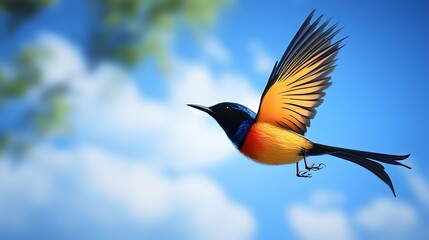 Regal Sunbird Flying Under Blue Sky, Photo Realistic, Wallpaper, Cover and Screen for Smartphone, PC, Laptop, 9:16 and 16:9 Format