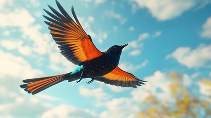 Regal Sunbird Flying Under Blue Sky, Photo Realistic, Wallpaper, Cover and Screen for Smartphone, PC, Laptop, 9:16 and 16:9 Format