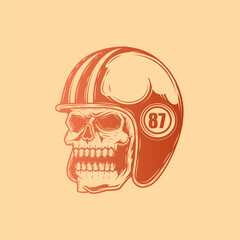 Zombie skull wearing a motorcycle helmet. Original vector illustration in vintage style isolated on white background. T-shirt design.